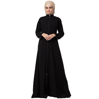 Front open zipper abaya with pintucks- Black